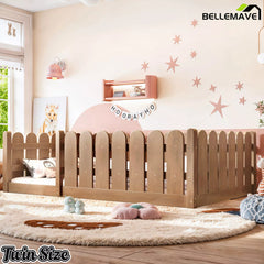 Bellemave® Solid Wood Montessori Floor Bed with Fence Guardrails, Low Profile Kids Floor Bed Frame - Bellemave