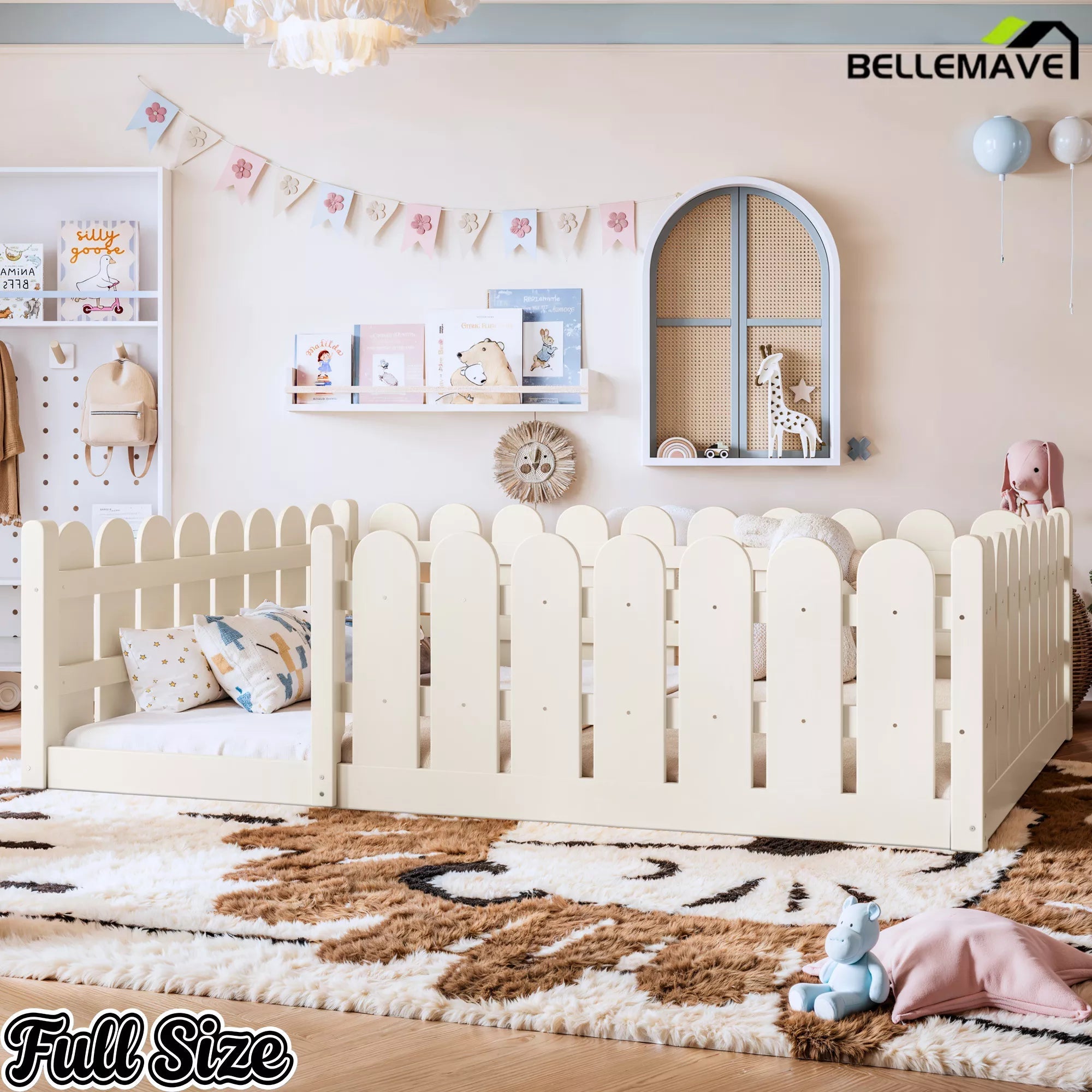 Bellemave® Solid Wood Montessori Floor Bed with Fence Guardrails, Low Profile Kids Floor Bed Frame - Bellemave