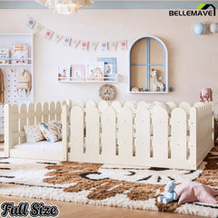 Bellemave® Solid Wood Montessori Floor Bed with Fence Guardrails, Low Profile Kids Floor Bed Frame - Bellemave
