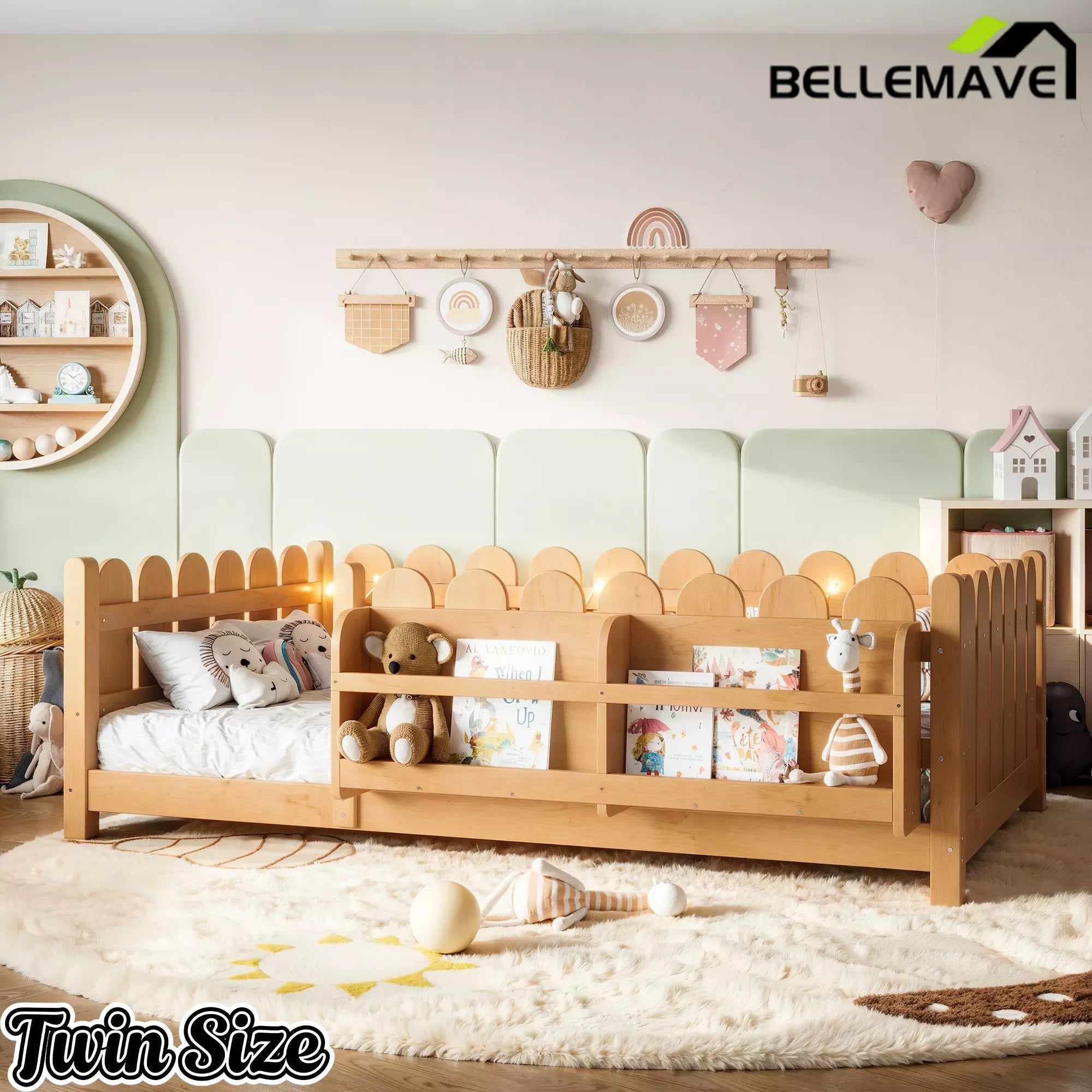 Bellemave® Solid Wood Montessori Floor Bed with High Fence Guardrails, Bookshelf & LED Light, Low Profile Kids Bed Frame - Bellemave