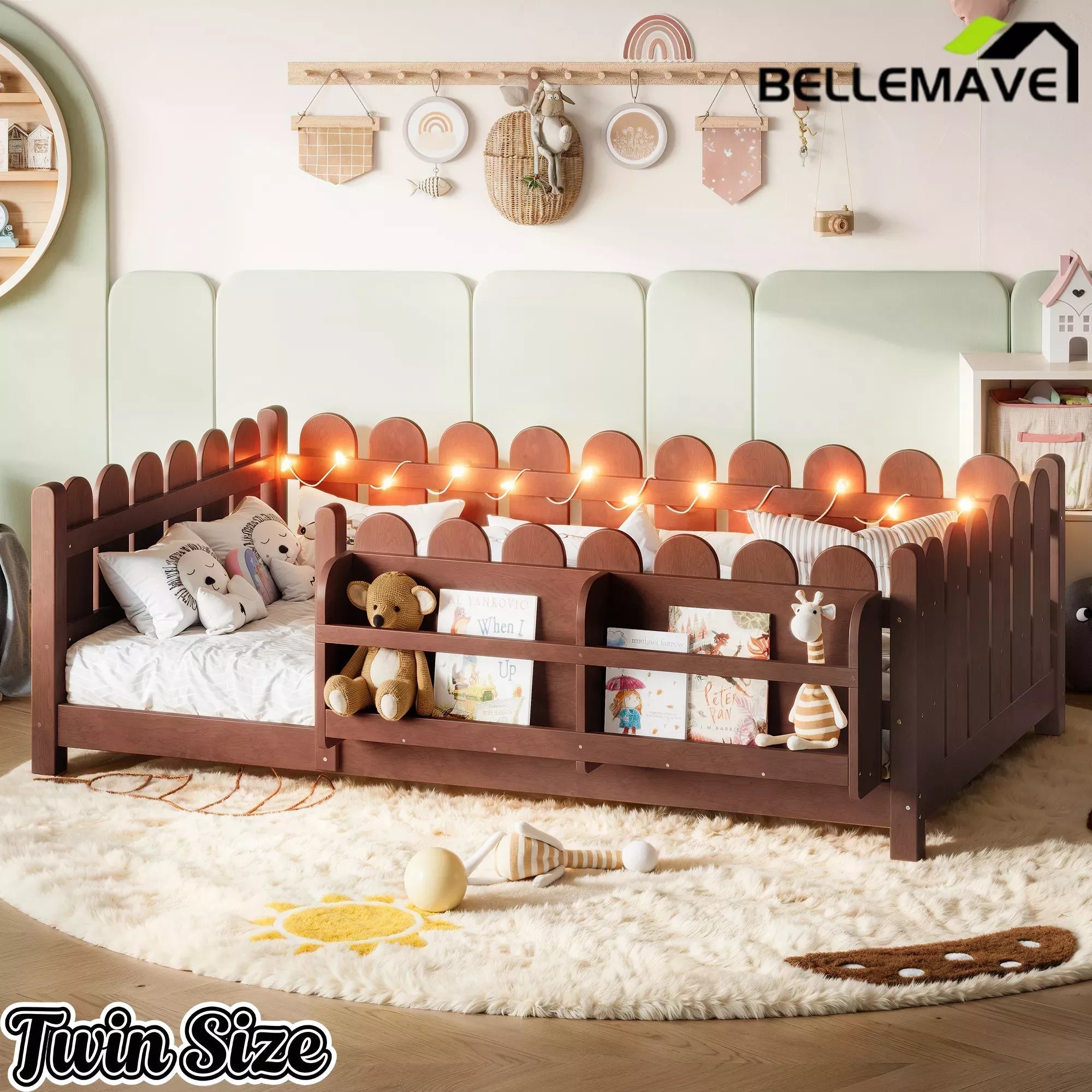 Bellemave® Solid Wood Montessori Floor Bed with High Fence Guardrails, Bookshelf & LED Light, Low Profile Kids Bed Frame - Bellemave