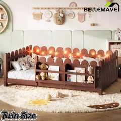 Bellemave® Solid Wood Montessori Floor Bed with High Fence Guardrails, Bookshelf & LED Light, Low Profile Kids Bed Frame - Bellemave