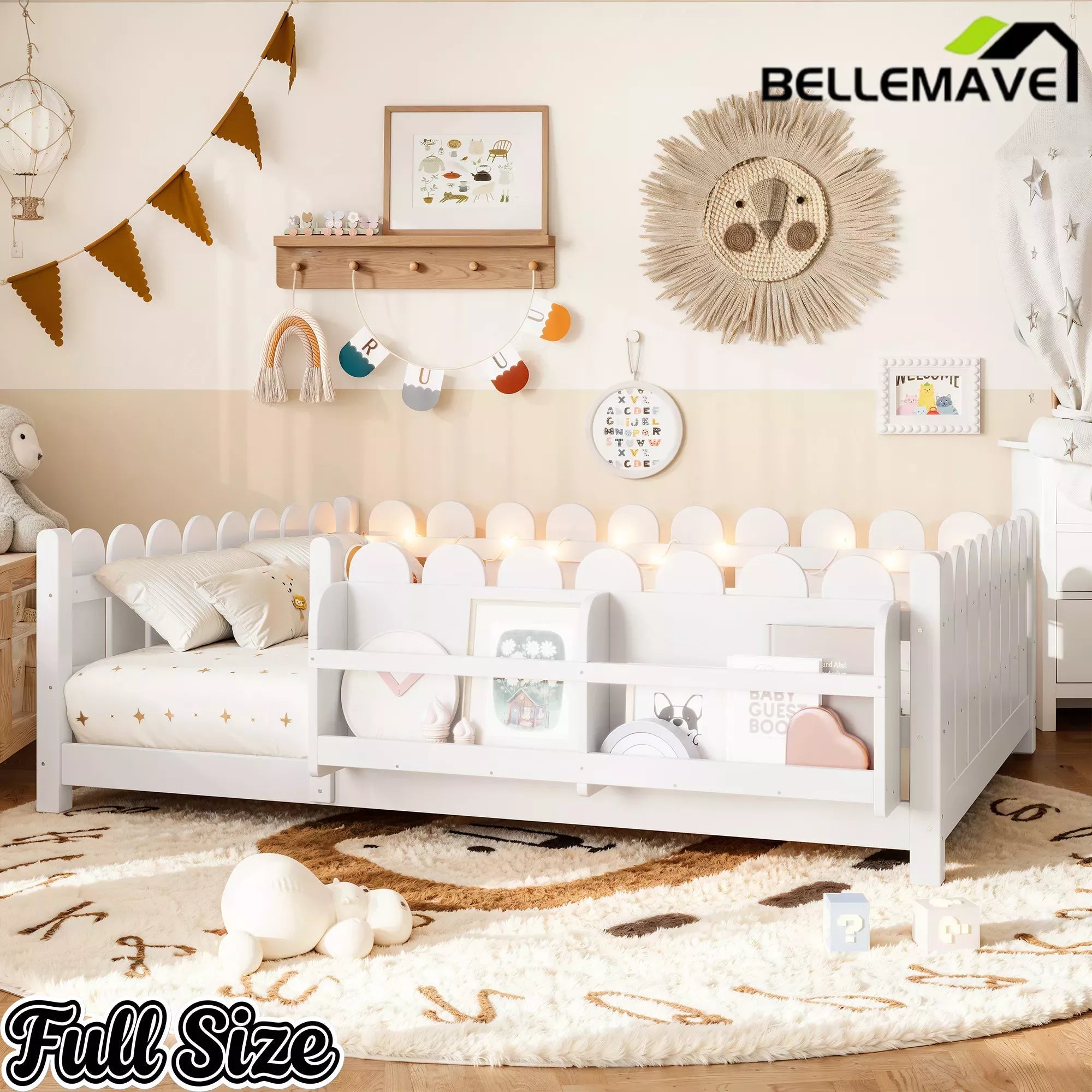 Bellemave® Solid Wood Montessori Floor Bed with High Fence Guardrails, Bookshelf & LED Light, Low Profile Kids Bed Frame - Bellemave