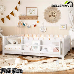 Bellemave® Solid Wood Montessori Floor Bed with High Fence Guardrails, Bookshelf & LED Light, Low Profile Kids Bed Frame - Bellemave