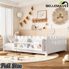 Bellemave® Solid Wood Montessori Floor Bed with High Fence Guardrails, Bookshelf & LED Light, Low Profile Kids Bed Frame - Bellemave