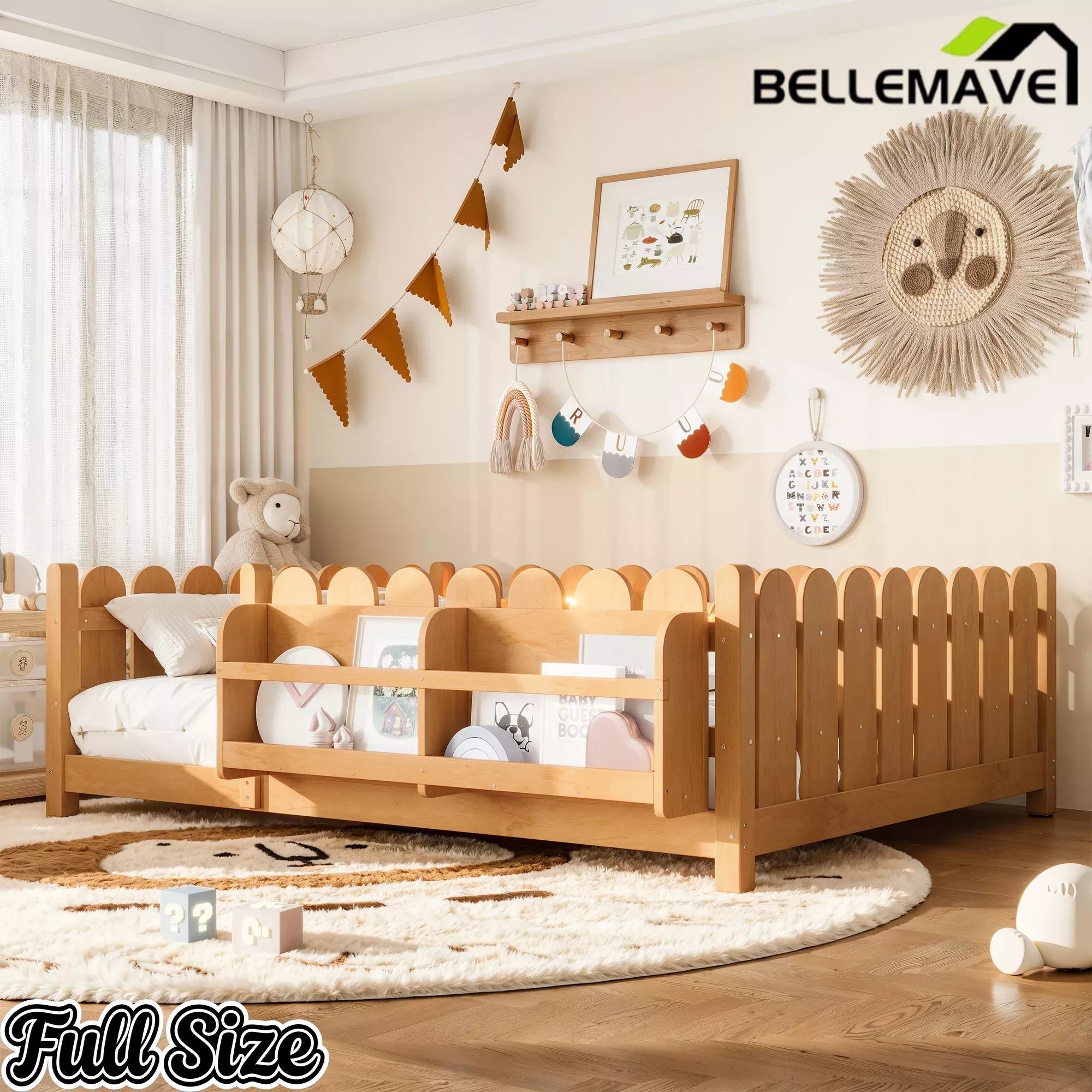 Bellemave® Solid Wood Montessori Floor Bed with High Fence Guardrails, Bookshelf & LED Light, Low Profile Kids Bed Frame - Bellemave