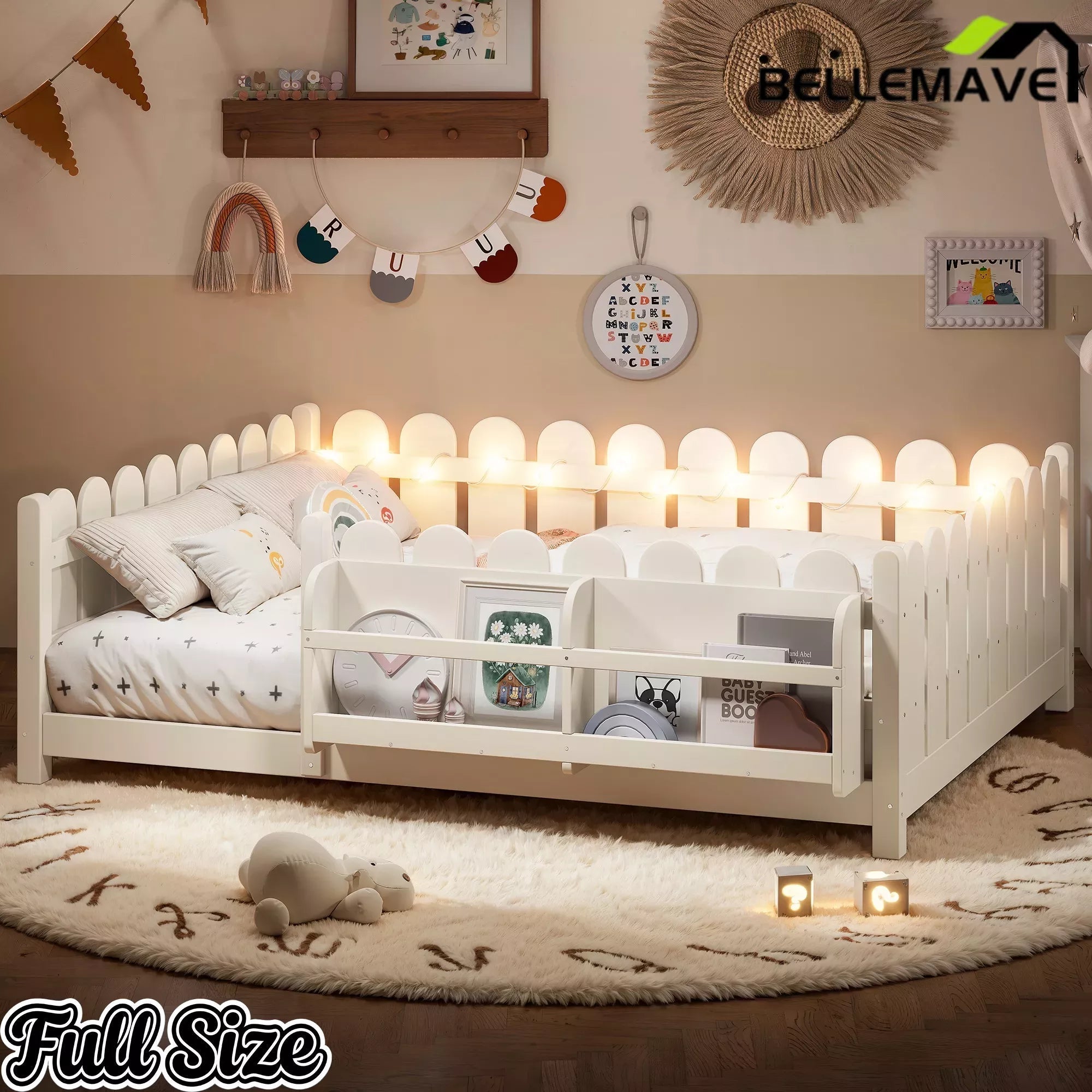 Bellemave® Solid Wood Montessori Floor Bed with High Fence Guardrails, Bookshelf & LED Light, Low Profile Kids Bed Frame - Bellemave