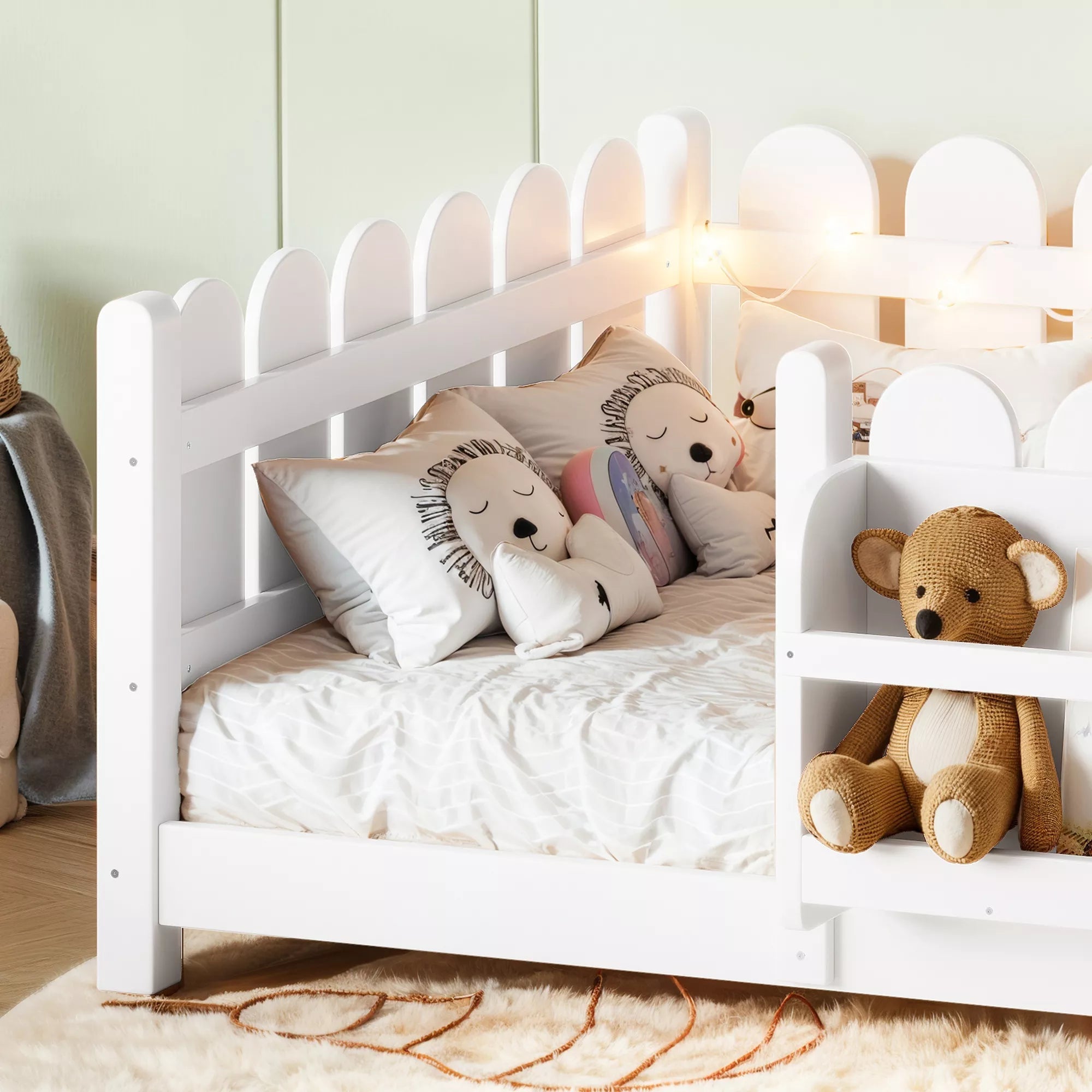 Bellemave® Solid Wood Montessori Floor Bed with High Fence Guardrails, Bookshelf & LED Light, Low Profile Kids Bed Frame - Bellemave