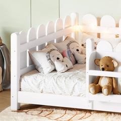 Bellemave® Solid Wood Montessori Floor Bed with High Fence Guardrails, Bookshelf & LED Light, Low Profile Kids Bed Frame - Bellemave