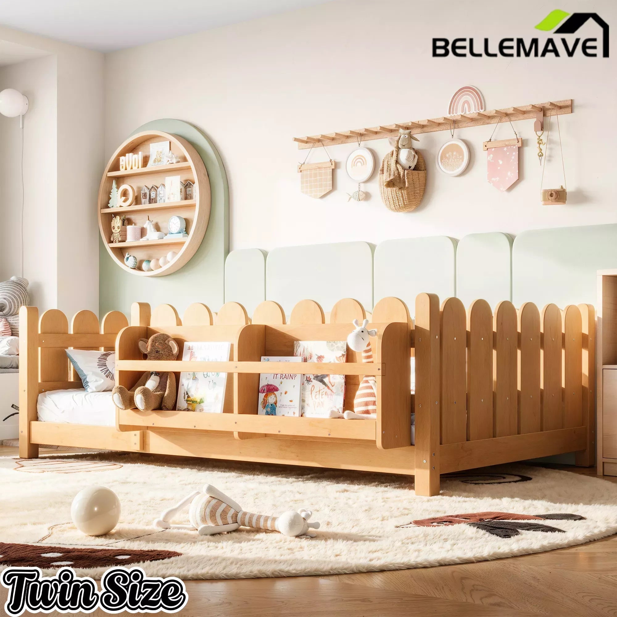 Bellemave® Solid Wood Montessori Floor Bed with High Fence Guardrails, Bookshelf & LED Light, Low Profile Kids Bed Frame - Bellemave