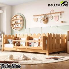 Bellemave® Solid Wood Montessori Floor Bed with High Fence Guardrails, Bookshelf & LED Light, Low Profile Kids Bed Frame - Bellemave