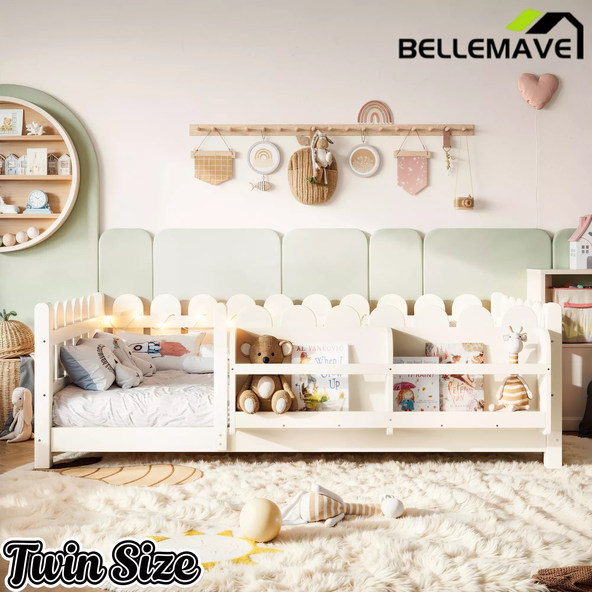 Bellemave® Solid Wood Montessori Floor Bed with High Fence Guardrails, Bookshelf & LED Light, Low Profile Kids Bed Frame - Bellemave