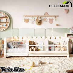 Bellemave® Solid Wood Montessori Floor Bed with High Fence Guardrails, Bookshelf & LED Light, Low Profile Kids Bed Frame - Bellemave
