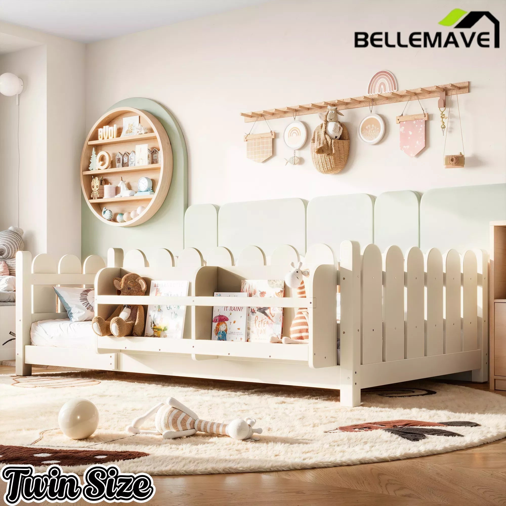 Bellemave® Solid Wood Montessori Floor Bed with High Fence Guardrails, Bookshelf & LED Light, Low Profile Kids Bed Frame - Bellemave