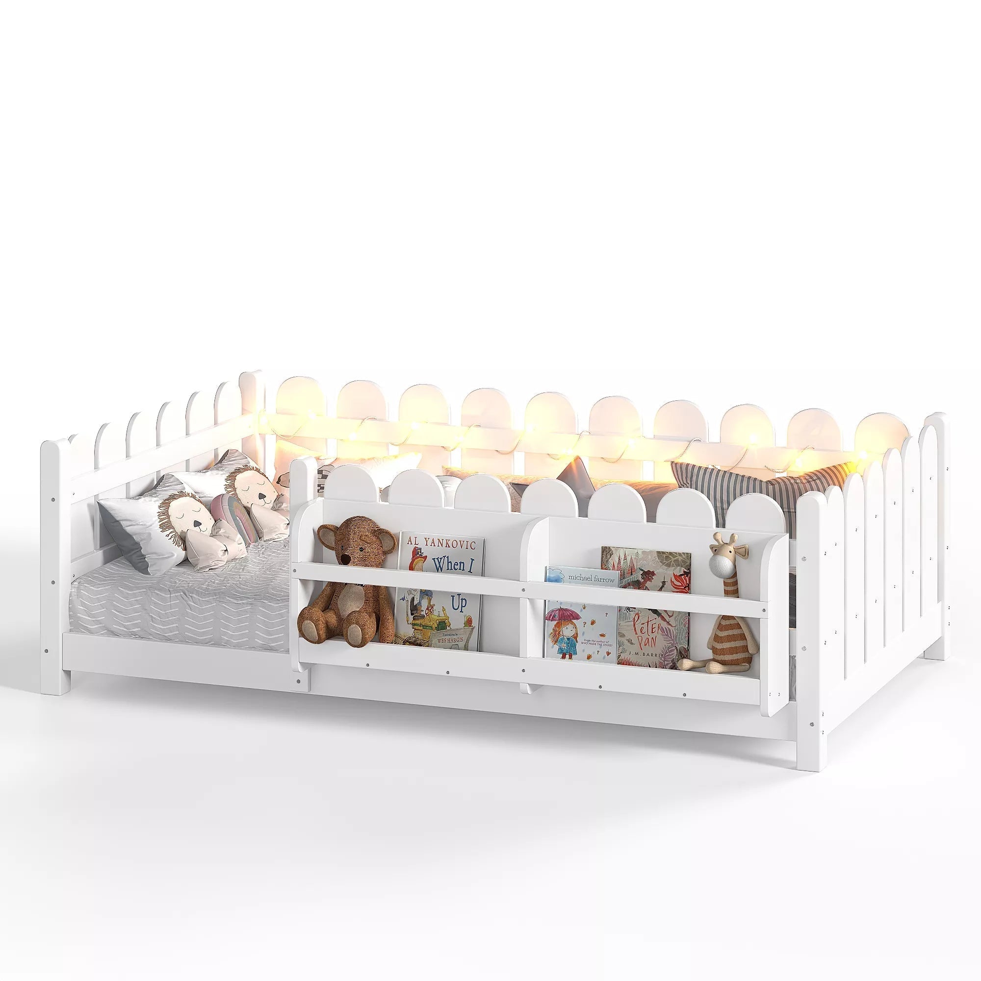 Bellemave® Solid Wood Montessori Floor Bed with High Fence Guardrails, Bookshelf & LED Light, Low Profile Kids Bed Frame - Bellemave
