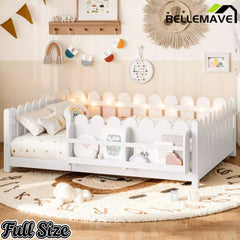 Bellemave® Solid Wood Montessori Floor Bed with High Fence Guardrails, Bookshelf & LED Light, Low Profile Kids Bed Frame - Bellemave