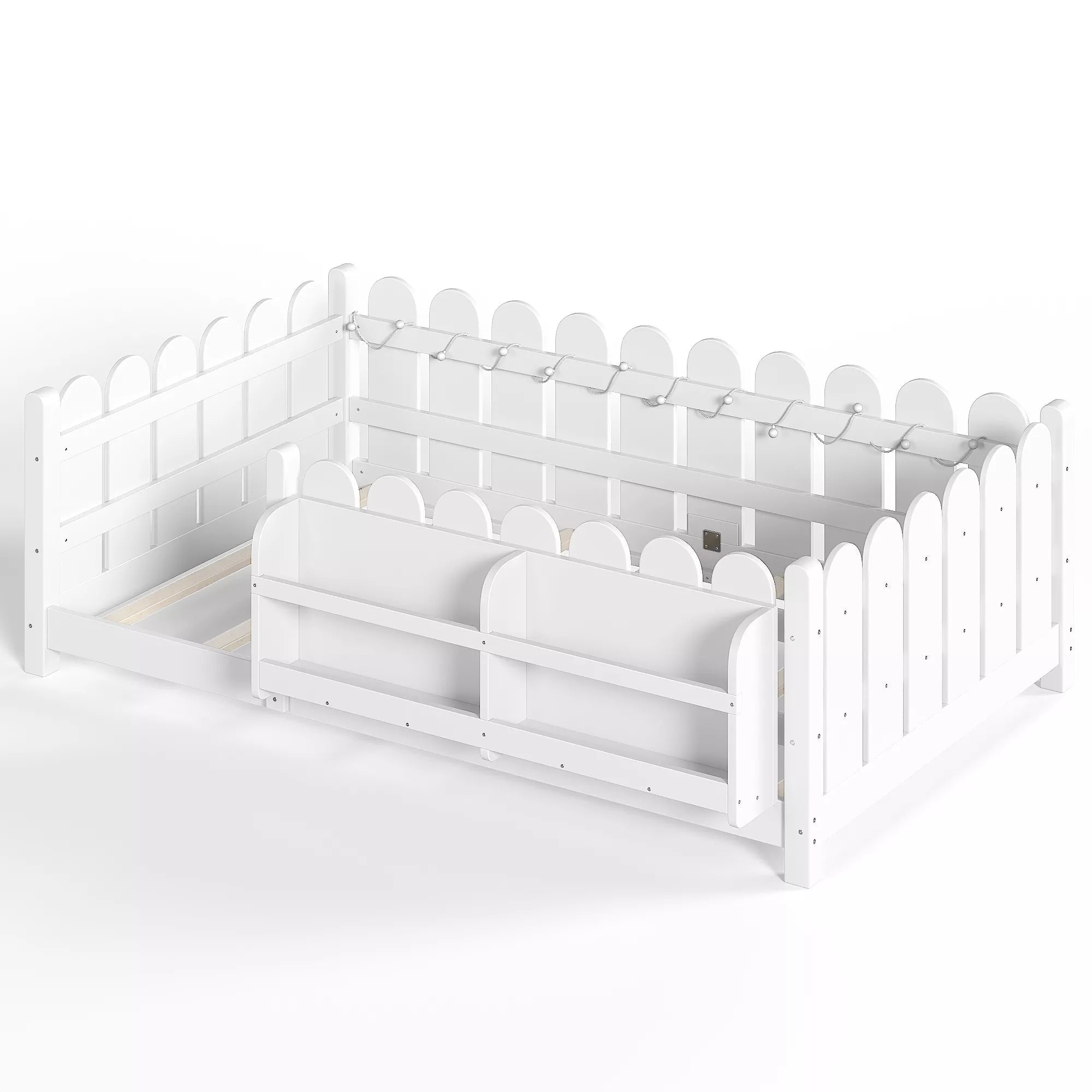 Bellemave® Solid Wood Montessori Floor Bed with High Fence Guardrails, Bookshelf & LED Light, Low Profile Kids Bed Frame - Bellemave