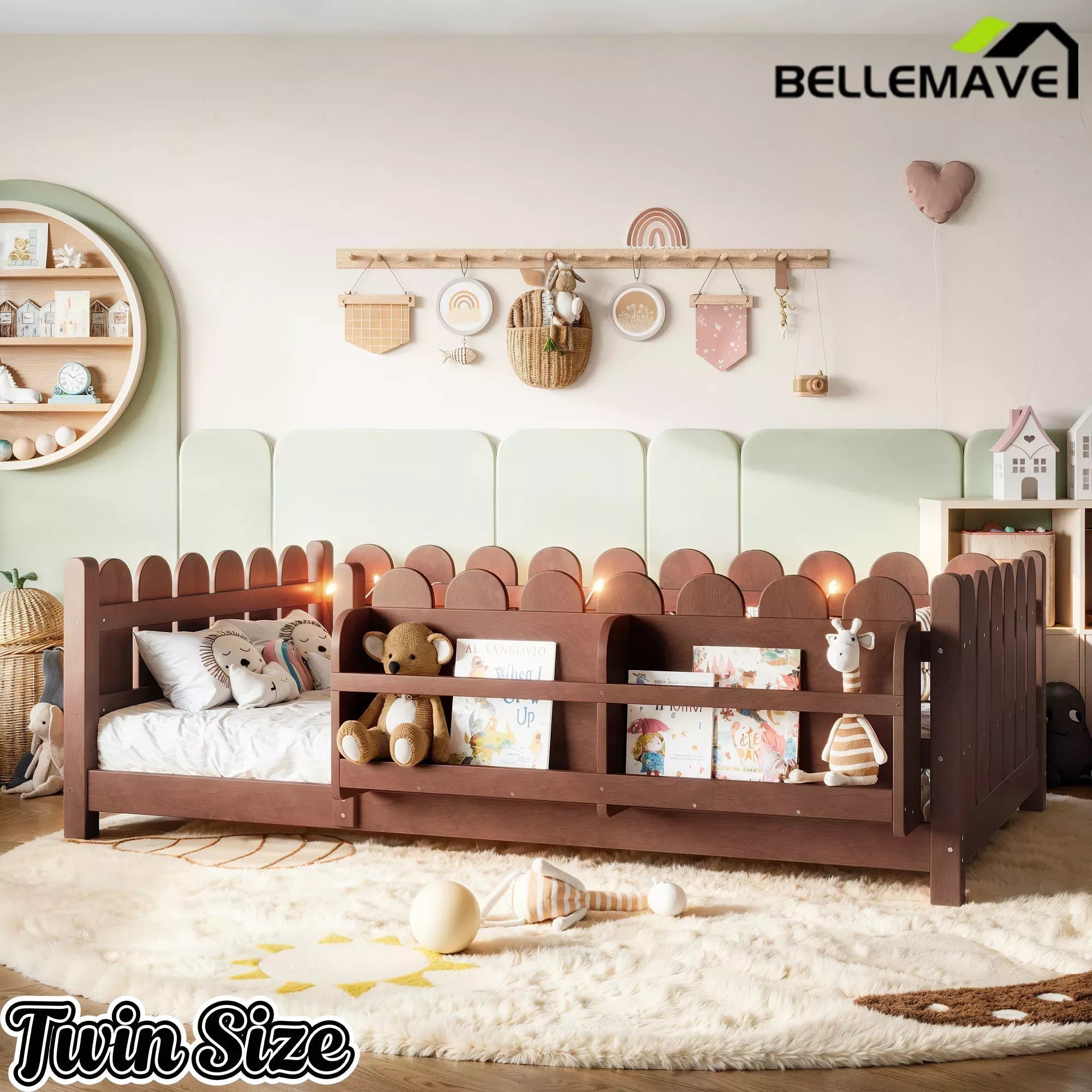 Bellemave® Solid Wood Montessori Floor Bed with High Fence Guardrails, Bookshelf & LED Light, Low Profile Kids Bed Frame - Bellemave