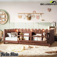 Bellemave® Solid Wood Montessori Floor Bed with High Fence Guardrails, Bookshelf & LED Light, Low Profile Kids Bed Frame - Bellemave