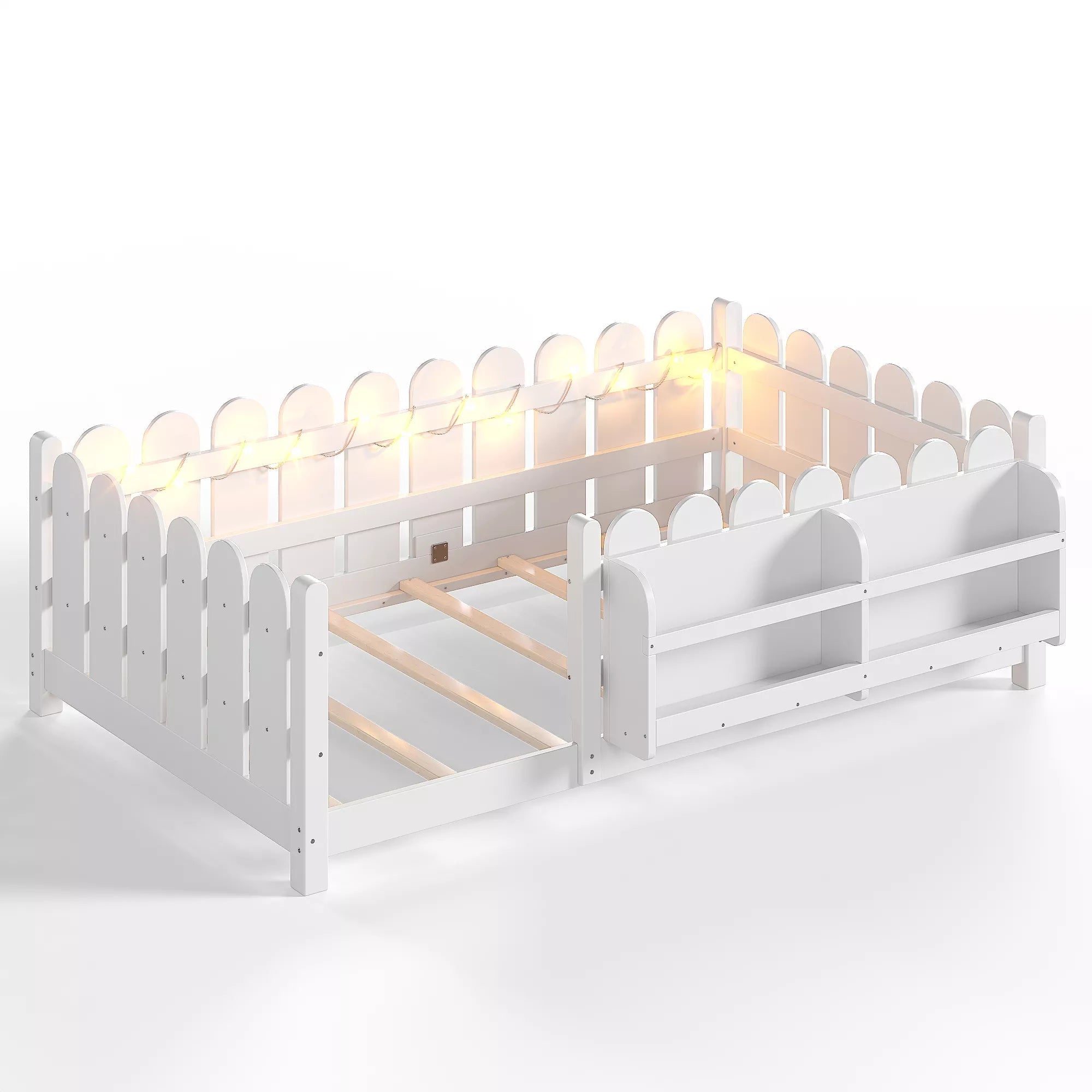 Bellemave® Solid Wood Montessori Floor Bed with High Fence Guardrails, Bookshelf & LED Light, Low Profile Kids Bed Frame - Bellemave