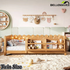 Bellemave® Solid Wood Montessori Floor Bed with High Fence Guardrails, Bookshelf & LED Light, Low Profile Kids Bed Frame - Bellemave