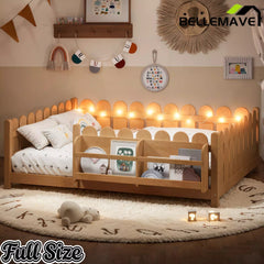 Bellemave® Solid Wood Montessori Floor Bed with High Fence Guardrails, Bookshelf & LED Light, Low Profile Kids Bed Frame - Bellemave