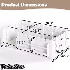 Bellemave® Solid Wood Montessori Floor Bed with High Fence Guardrails, Bookshelf & LED Light, Low Profile Kids Bed Frame - Bellemave