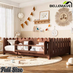 Bellemave® Solid Wood Montessori Floor Bed with High Fence Guardrails, Bookshelf & LED Light, Low Profile Kids Bed Frame - Bellemave