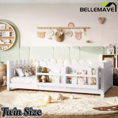 Bellemave® Solid Wood Montessori Floor Bed with High Fence Guardrails, Bookshelf & LED Light, Low Profile Kids Bed Frame - Bellemave