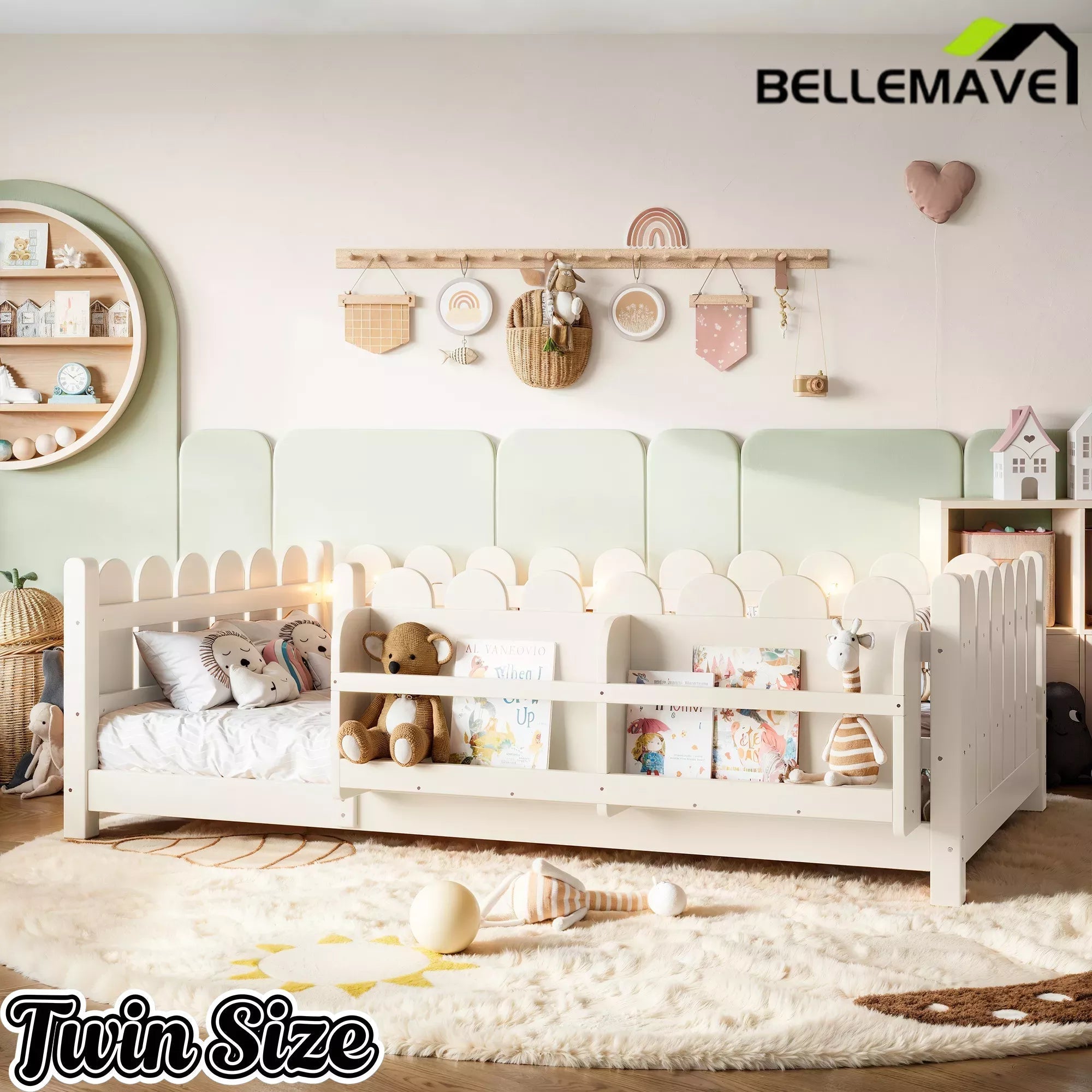 Bellemave® Solid Wood Montessori Floor Bed with High Fence Guardrails, Bookshelf & LED Light, Low Profile Kids Bed Frame - Bellemave