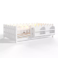 Bellemave® Solid Wood Montessori Floor Bed with High Fence Guardrails, Bookshelf & LED Light, Low Profile Kids Bed Frame - Bellemave