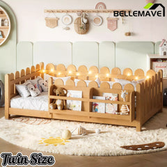 Bellemave® Solid Wood Montessori Floor Bed with High Fence Guardrails, Bookshelf & LED Light, Low Profile Kids Bed Frame - Bellemave