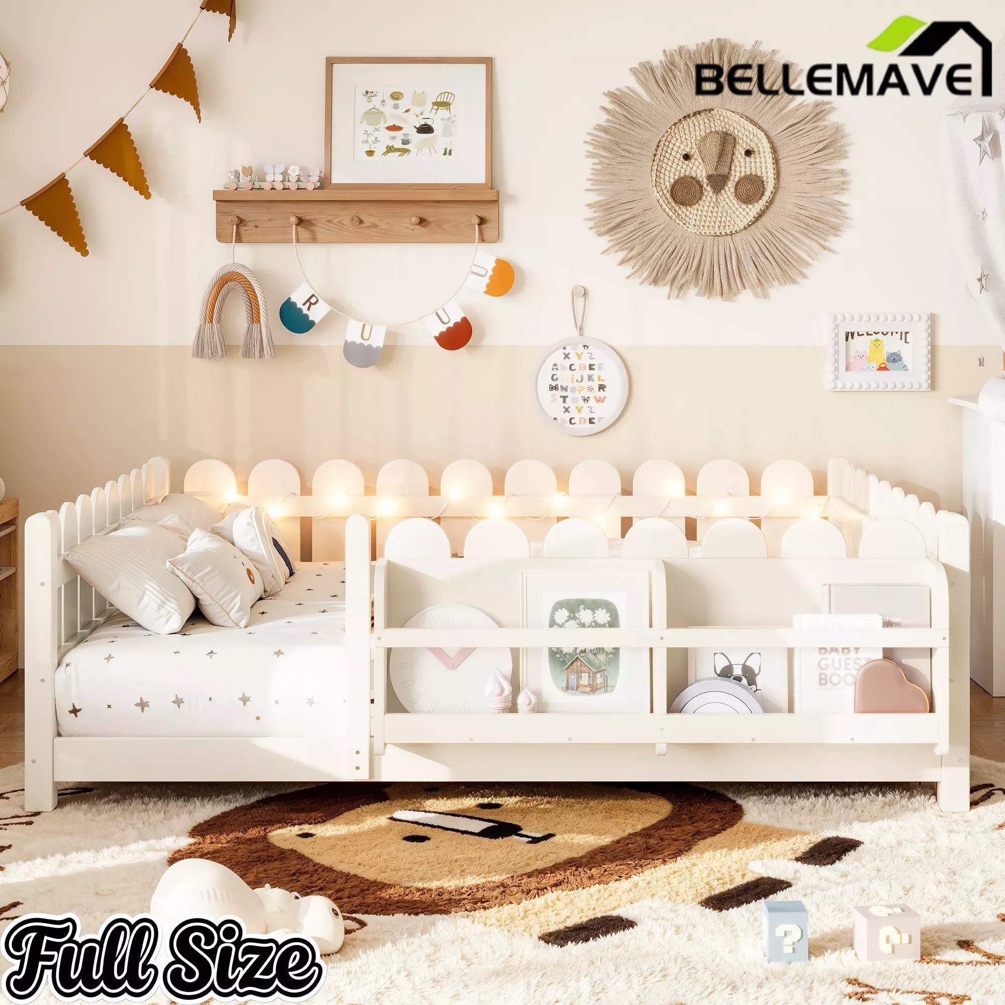 Bellemave® Solid Wood Montessori Floor Bed with High Fence Guardrails, Bookshelf & LED Light, Low Profile Kids Bed Frame - Bellemave