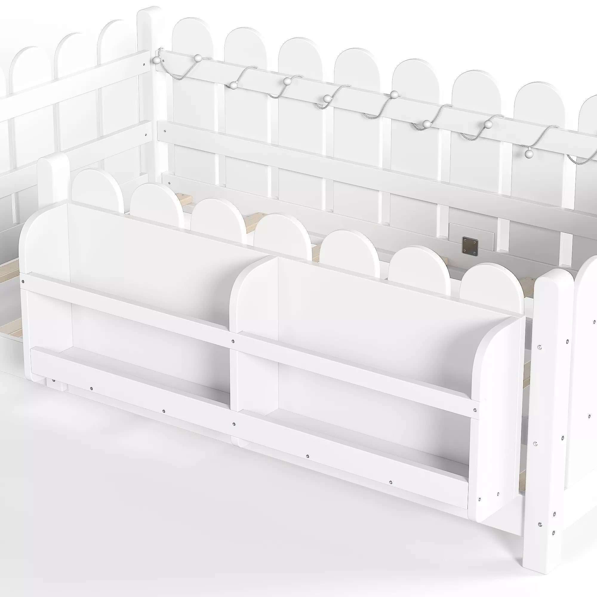 Bellemave® Solid Wood Montessori Floor Bed with High Fence Guardrails, Bookshelf & LED Light, Low Profile Kids Bed Frame - Bellemave