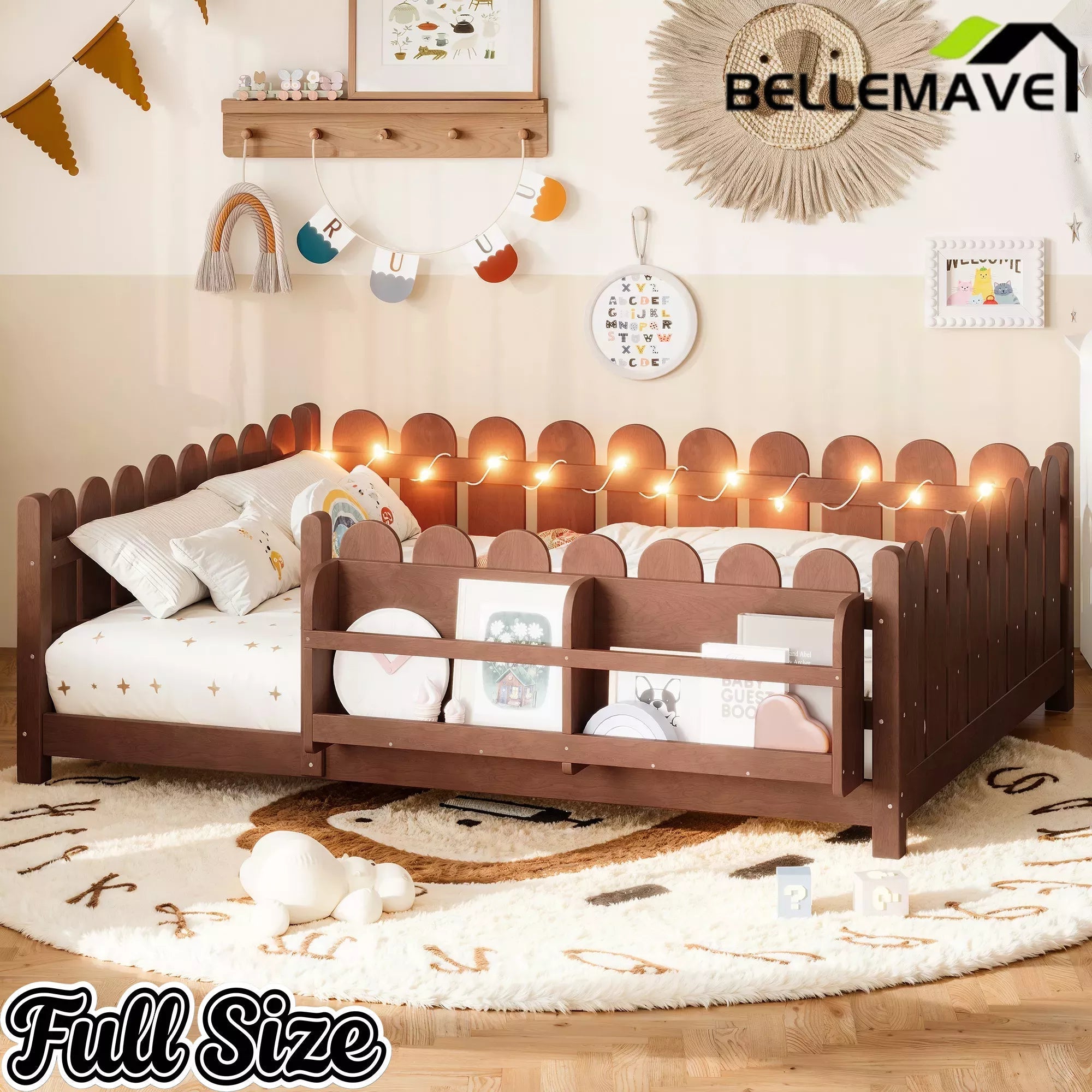 Bellemave® Solid Wood Montessori Floor Bed with High Fence Guardrails, Bookshelf & LED Light, Low Profile Kids Bed Frame - Bellemave