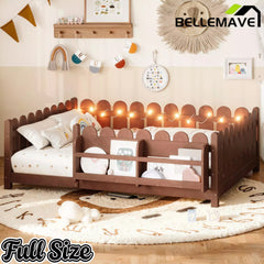 Bellemave® Solid Wood Montessori Floor Bed with High Fence Guardrails, Bookshelf & LED Light, Low Profile Kids Bed Frame - Bellemave