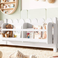 Bellemave® Solid Wood Montessori Floor Bed with High Fence Guardrails, Bookshelf & LED Light, Low Profile Kids Bed Frame - Bellemave