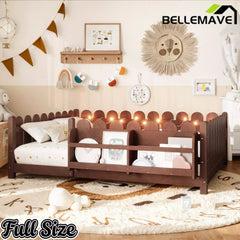 Bellemave® Solid Wood Montessori Floor Bed with High Fence Guardrails, Bookshelf & LED Light, Low Profile Kids Bed Frame - Bellemave