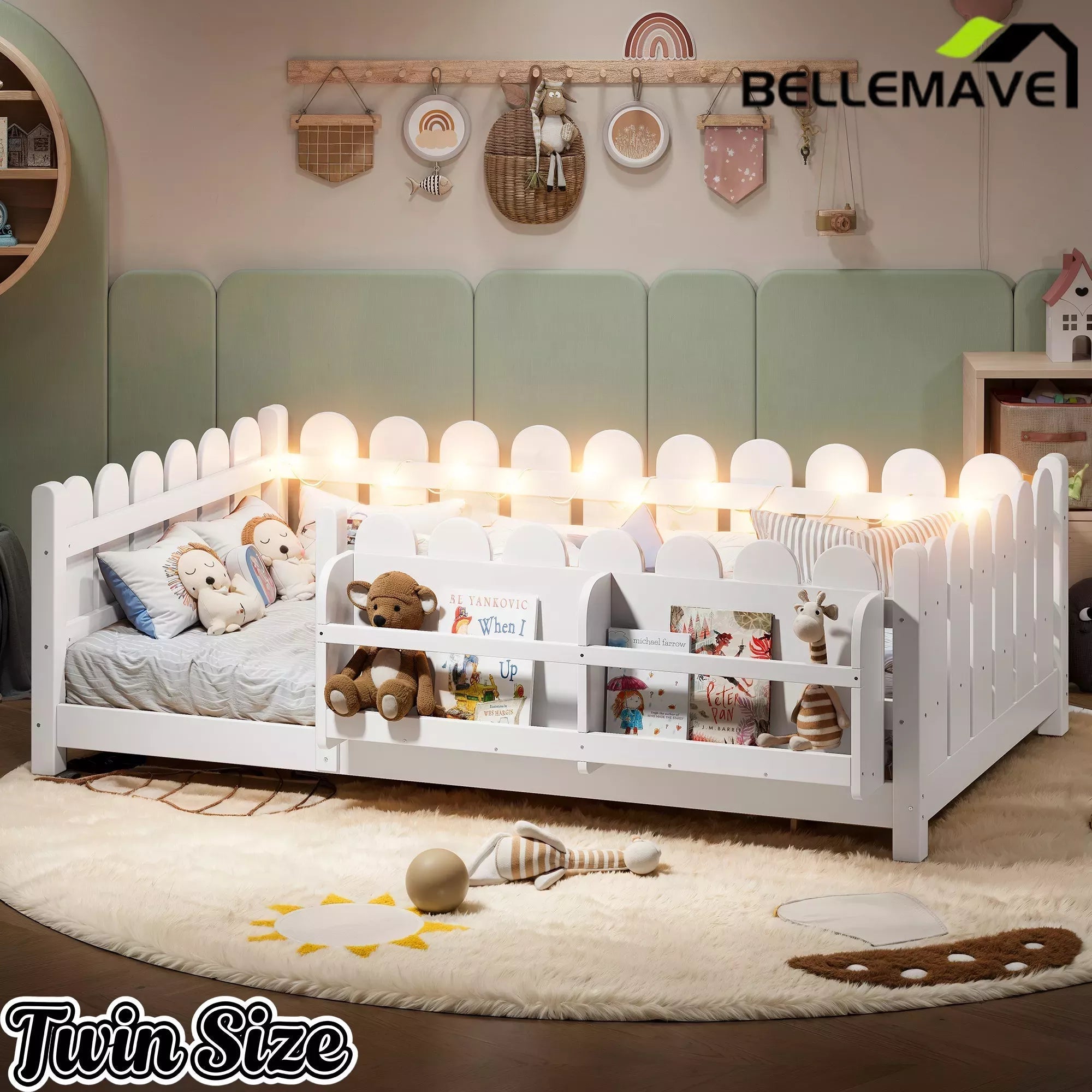 Bellemave® Solid Wood Montessori Floor Bed with High Fence Guardrails, Bookshelf & LED Light, Low Profile Kids Bed Frame - Bellemave