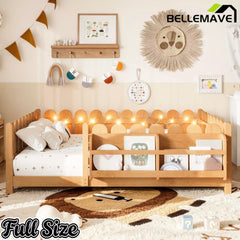 Bellemave® Solid Wood Montessori Floor Bed with High Fence Guardrails, Bookshelf & LED Light, Low Profile Kids Bed Frame - Bellemave