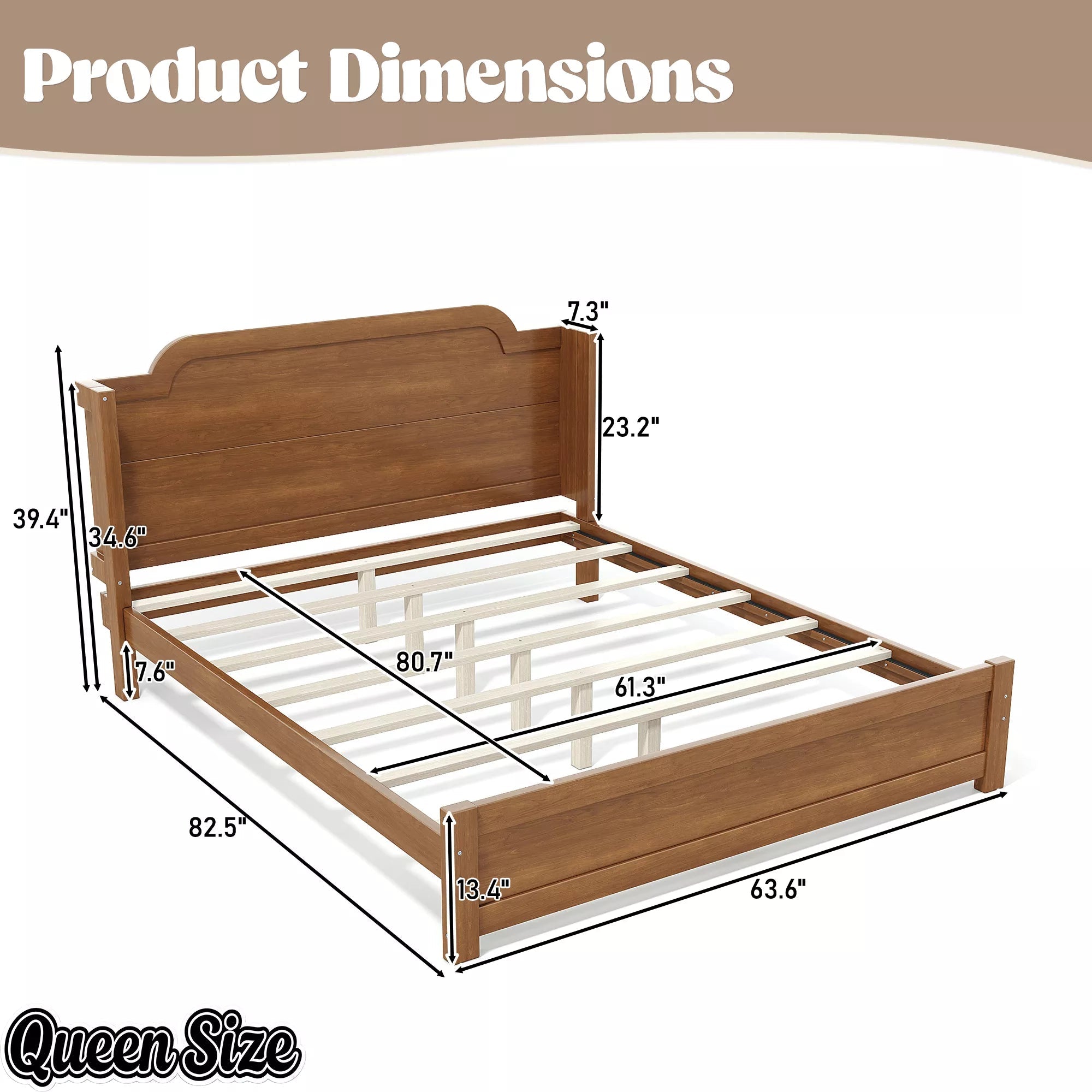Bellemave® Solid Wood Platform Bed with Headboard, Natural Finish Minimalist Design, No Box Spring Needed - Bellemave