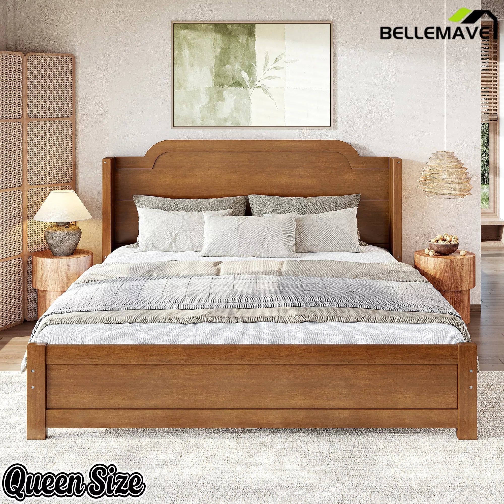 Bellemave® Solid Wood Platform Bed with Headboard, Natural Finish Minimalist Design, No Box Spring Needed - Bellemave