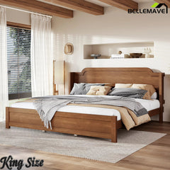 Bellemave® Solid Wood Platform Bed with Headboard, Natural Finish Minimalist Design, No Box Spring Needed - Bellemave