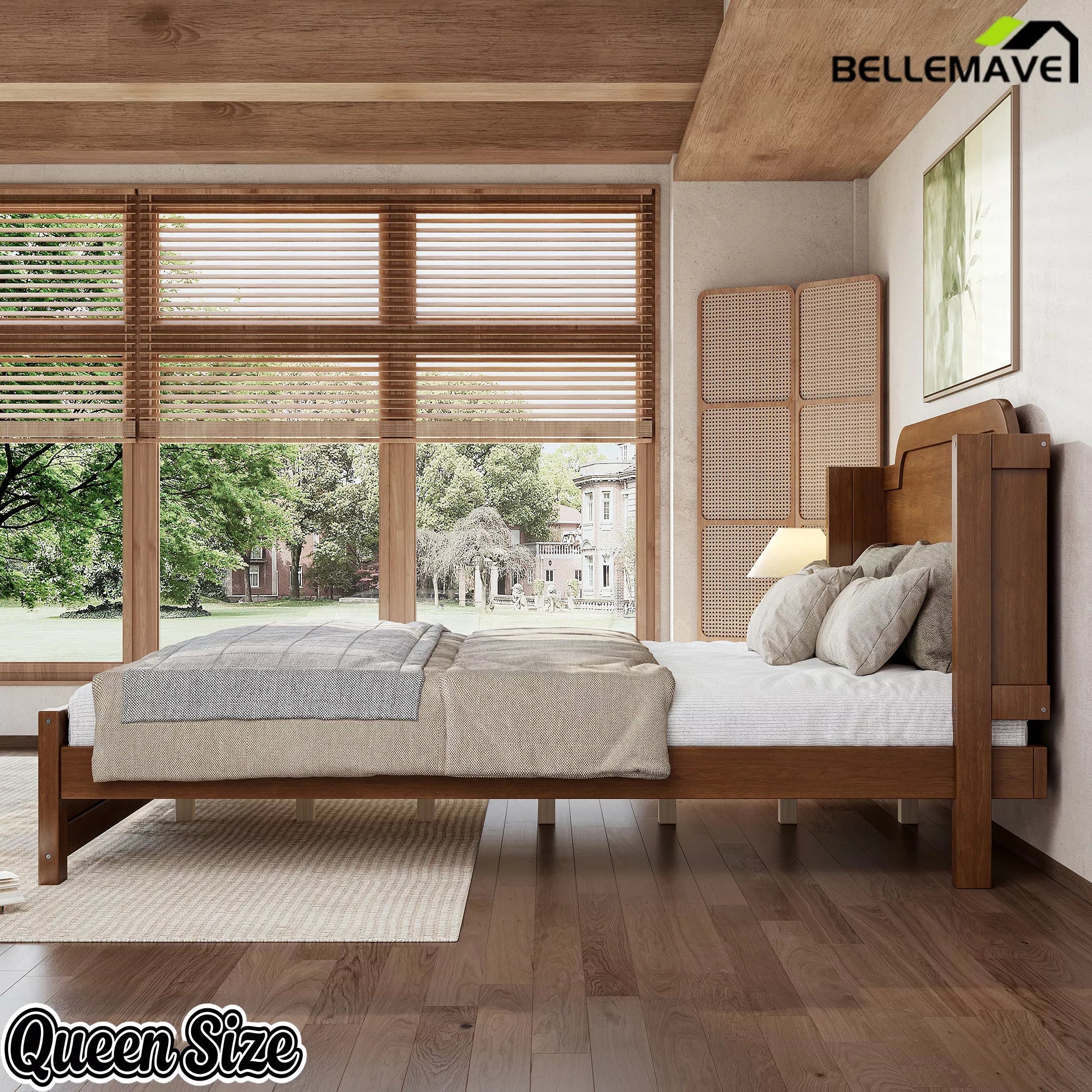 Bellemave® Solid Wood Platform Bed with Headboard, Natural Finish Minimalist Design, No Box Spring Needed - Bellemave