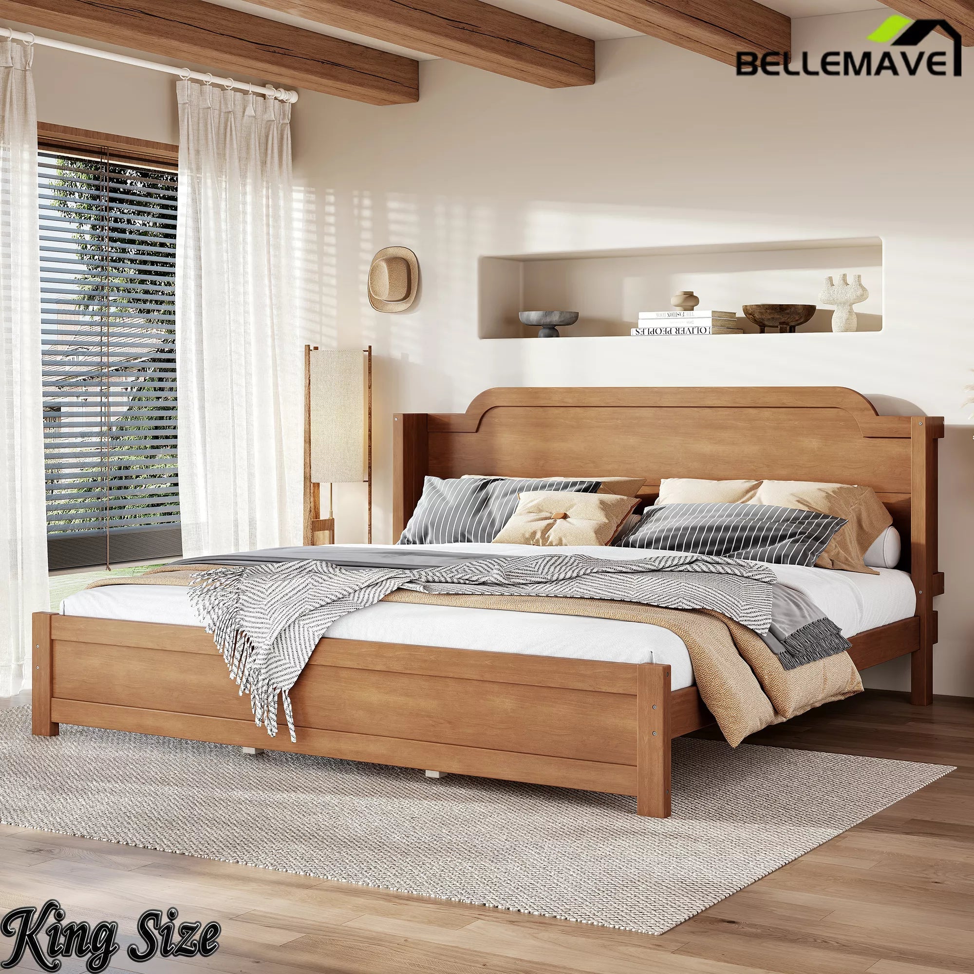 Bellemave® Solid Wood Platform Bed with Headboard, Natural Finish Minimalist Design, No Box Spring Needed - Bellemave