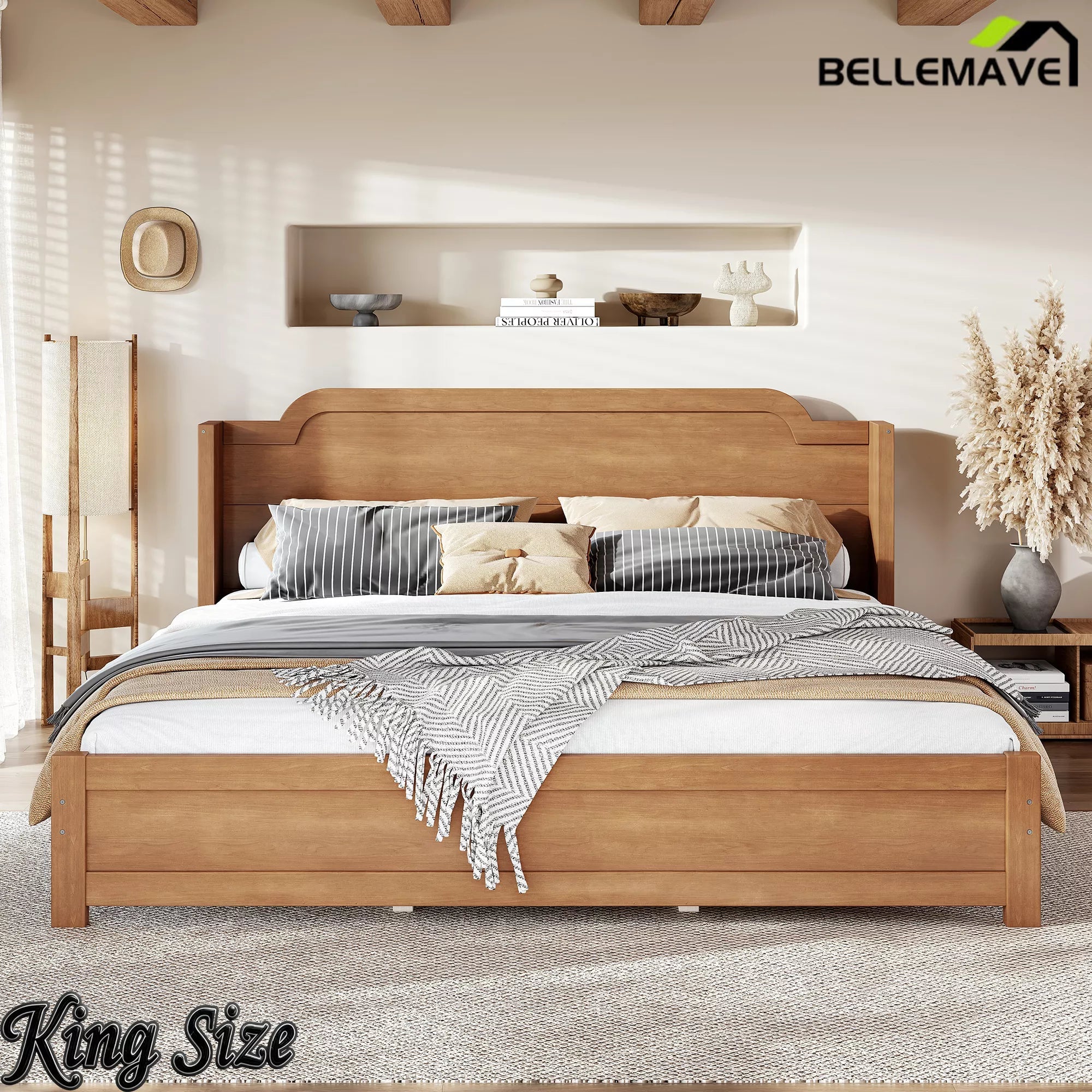 Bellemave® Solid Wood Platform Bed with Headboard, Natural Finish Minimalist Design, No Box Spring Needed - Bellemave