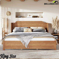 Bellemave® Solid Wood Platform Bed with Headboard, Natural Finish Minimalist Design, No Box Spring Needed - Bellemave