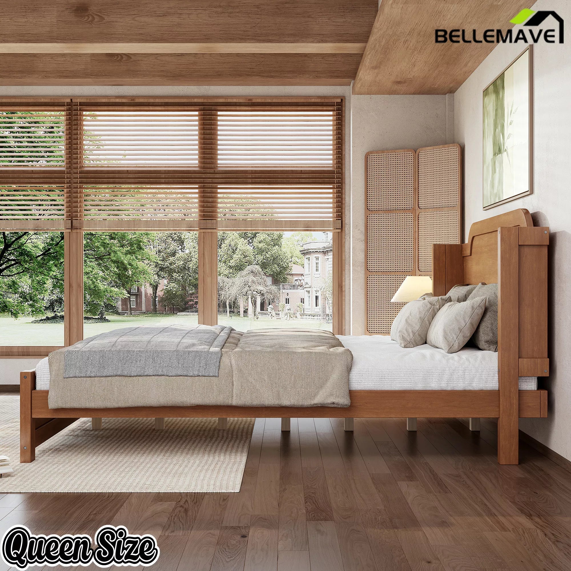 Bellemave® Solid Wood Platform Bed with Headboard, Natural Finish Minimalist Design, No Box Spring Needed - Bellemave