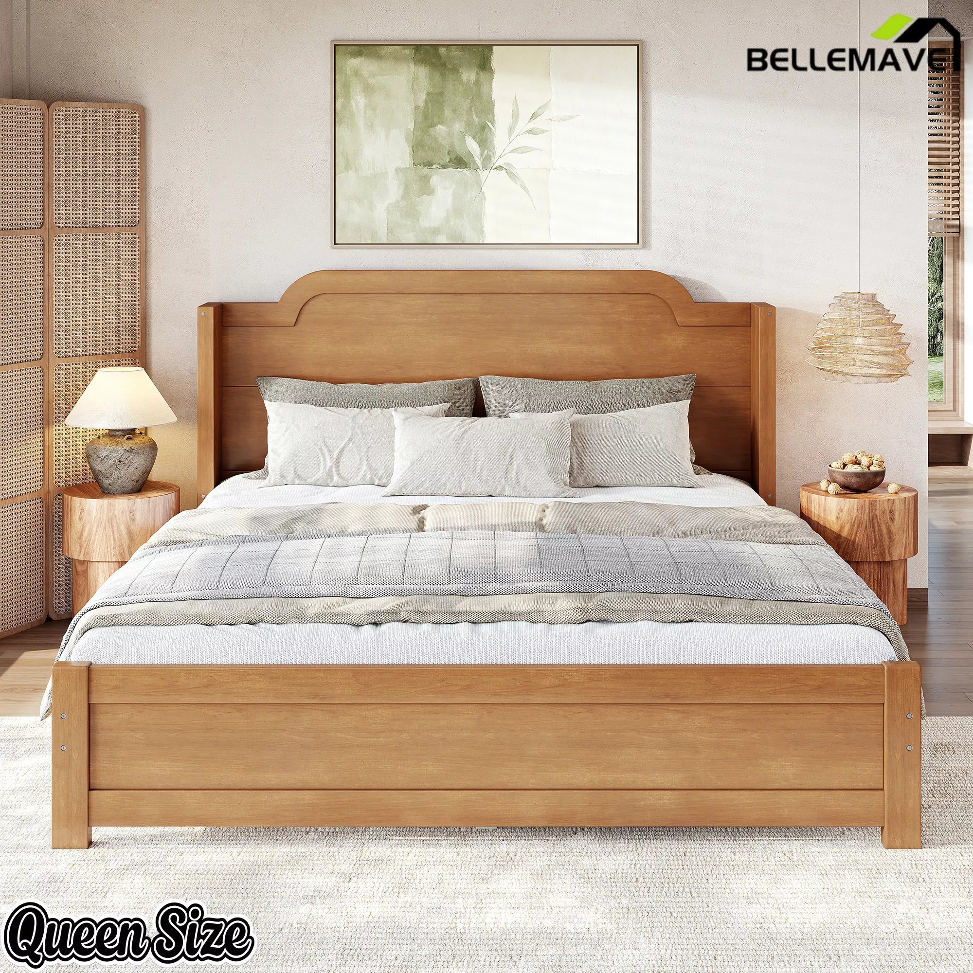Bellemave® Solid Wood Platform Bed with Headboard, Natural Finish Minimalist Design, No Box Spring Needed - Bellemave