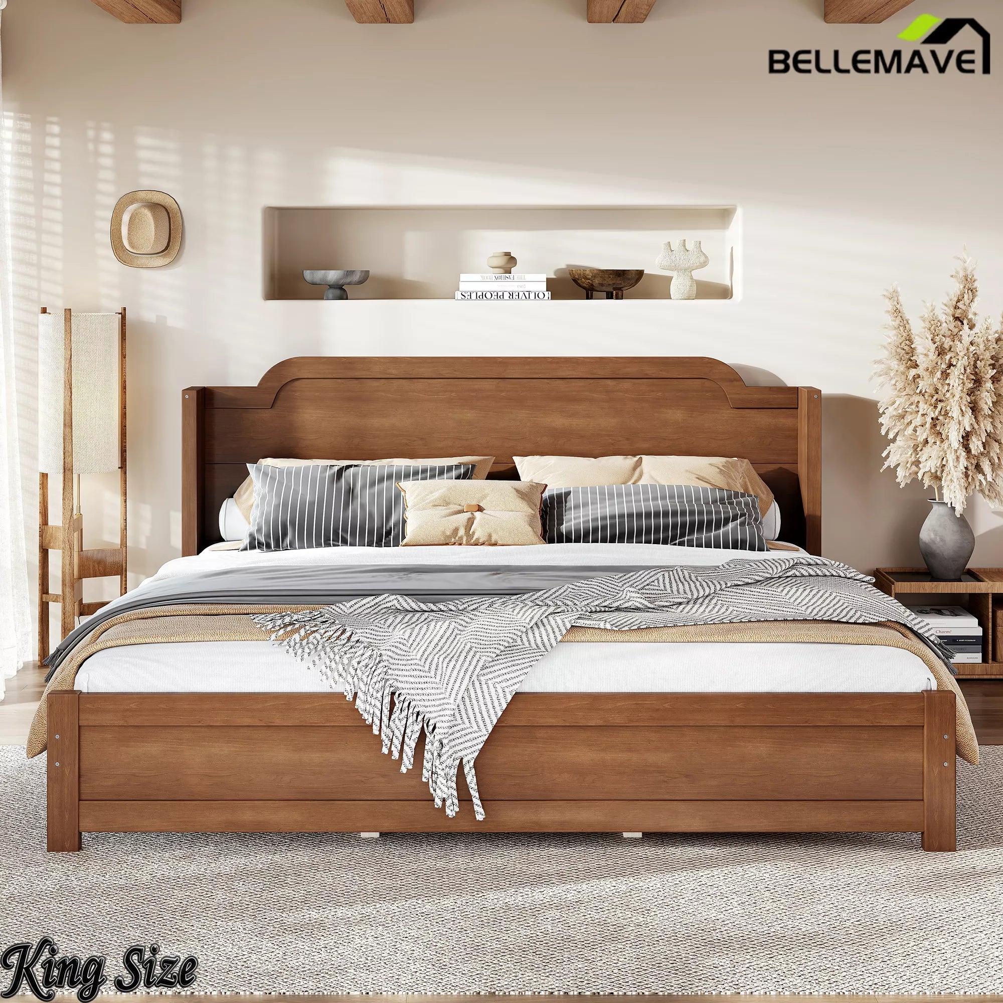 Bellemave® Solid Wood Platform Bed with Headboard, Natural Finish Minimalist Design, No Box Spring Needed - Bellemave
